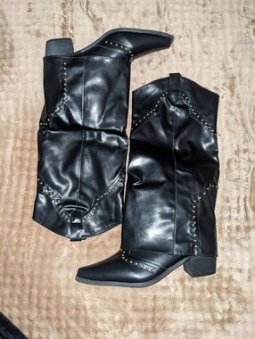 Black Studded Western Knee-High Faux Leather Boots - Women's